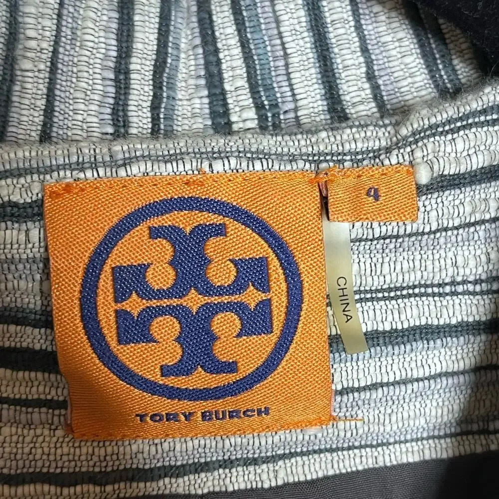 TORY BURCH Gray Cream Striped Double Breasted Pea Coat Jacket Size 4 Designer